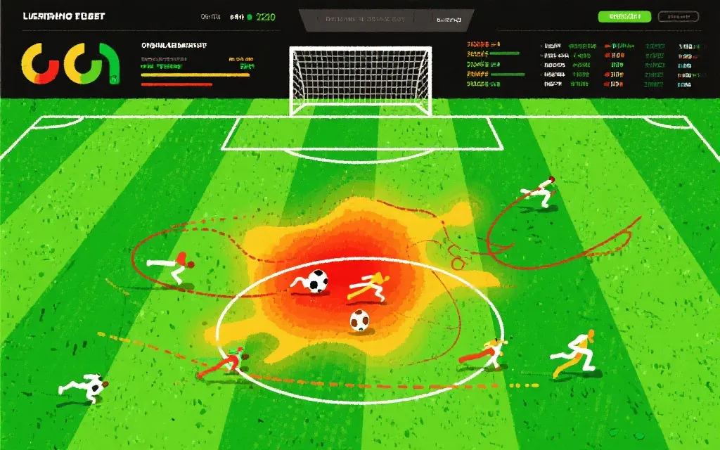 前锋数据面板风格的信息图占位：射门热区、跑动轨迹与进球预测